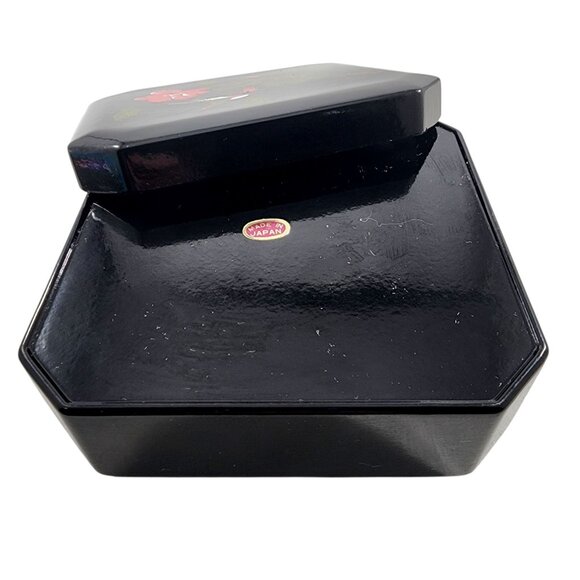 Vintage Japanese Lacquer Trinket Box Black Red Floral Retro Bird Decor Container - Picture 4 of 5